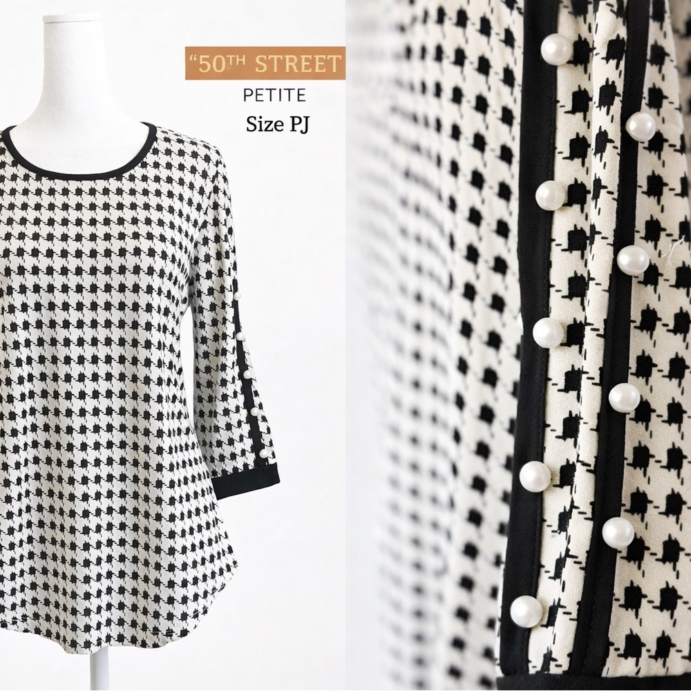 50th Street Petite Houndstooth Top | Pearl Sleeve Detail | PS